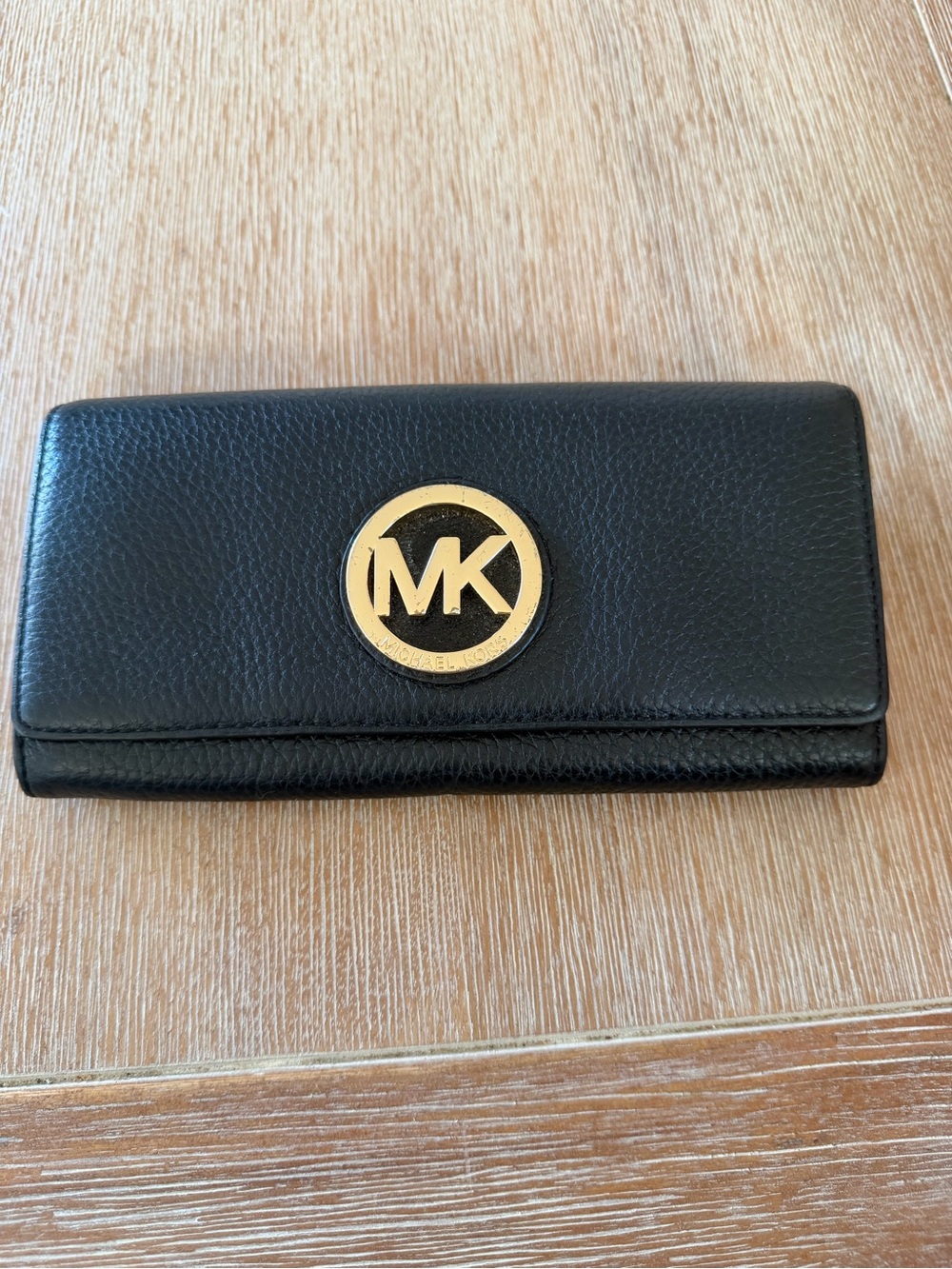 Michael Kors Black Leather Continental Card Holder with Gold MK Emblem